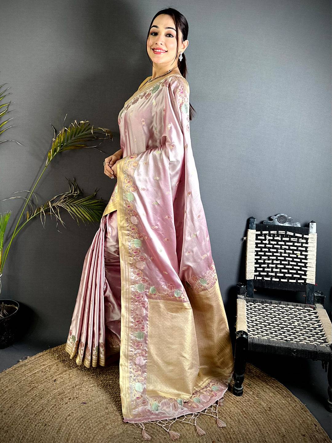 Blush Pink Satin Silk Zari Weave Pattu Saree
