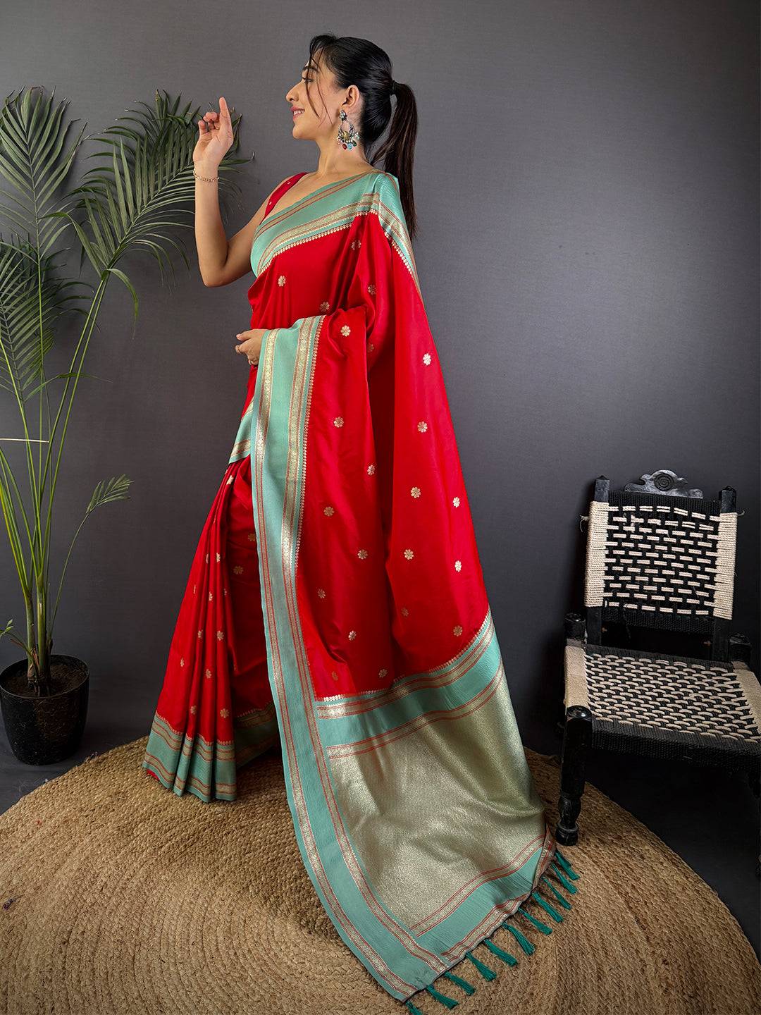 Royal Red Soft Silk Floral Butta Pattu Saree