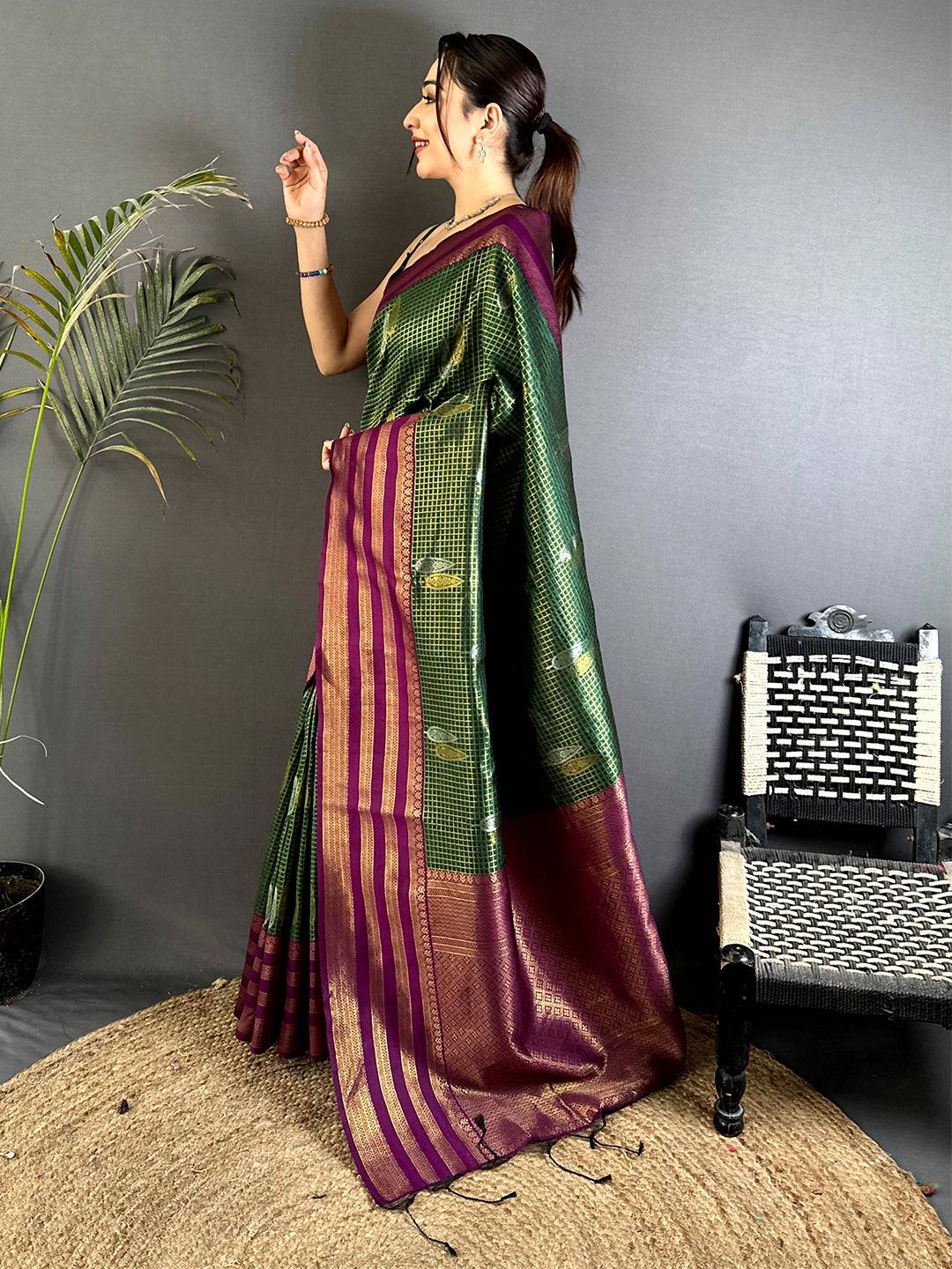 Green Golden Chex Katan Silk Pattu Saree