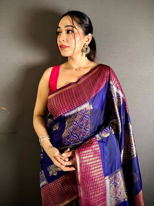 Opulent Soft Silk Patola Ikkat Pink Pallu Pattu Saree