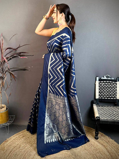 Navy Geometric Zari Weave Banarasi Pattu Saree