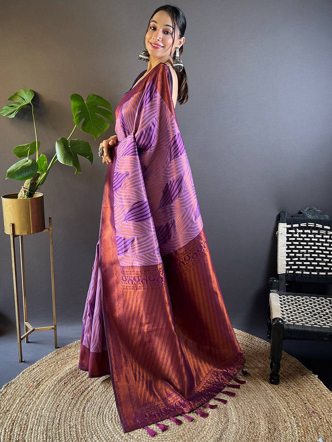 Lavender Tussar Silk Zari Weaving Ikkat Pattu Saree