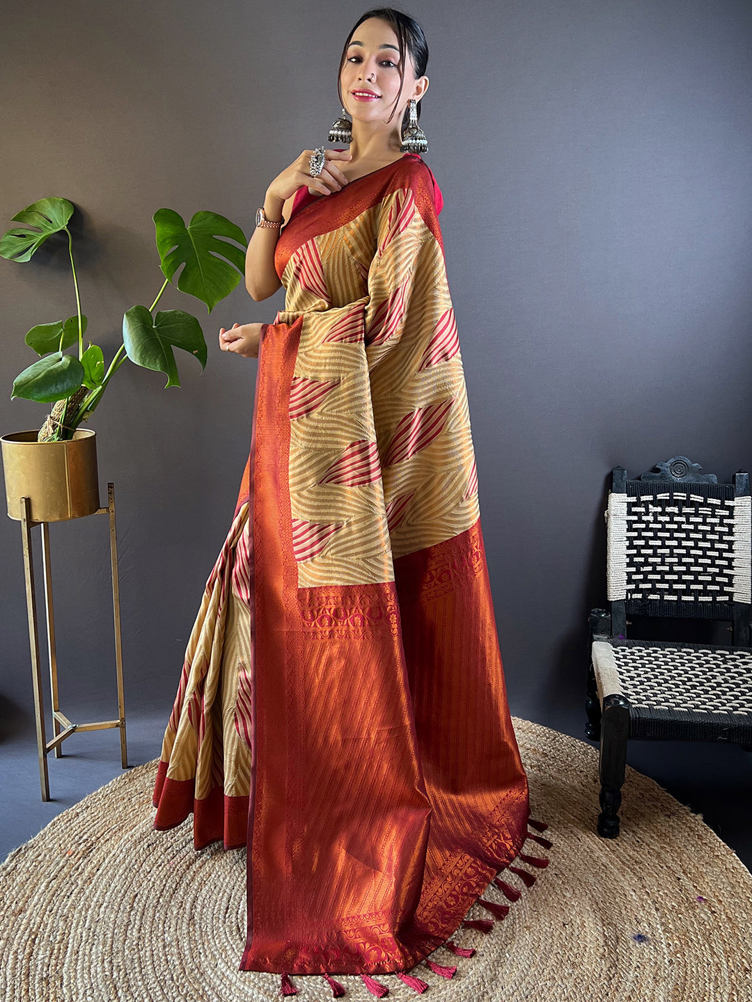Tan Brown Tussar Silk Zari Weaving Ikkat Pattu Saree