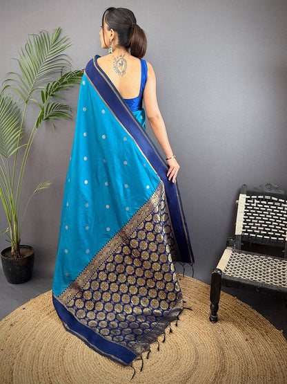 Teal Blue Silk Blend Floral Pattu Saree