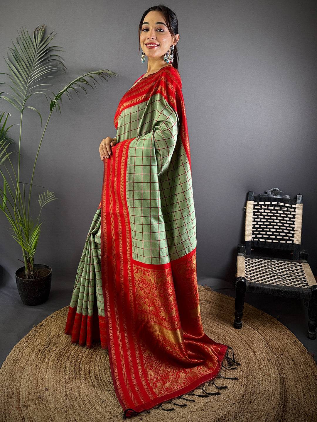 Red Royale Chex Soft Katan Silk Pattu Saree