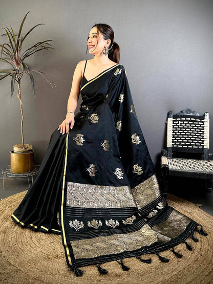 Black Bird Weaving Mashru Satin Pattu Saree