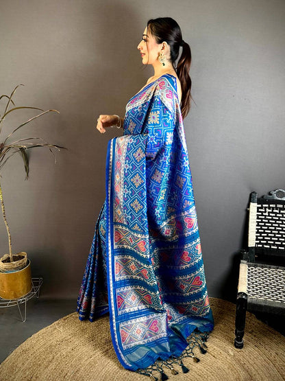 Blue Patola Weaving Semi Silk Pattu Saree