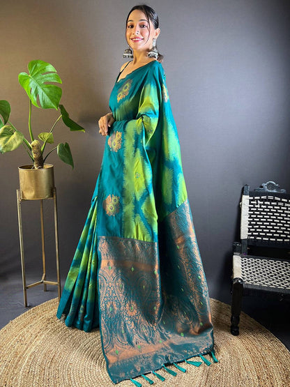 Parrot Green Tussar Silk Ikkat Weaving Pattu Saree