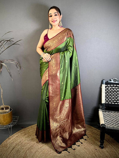 Olive Soft Silk Kanchi Zari Border Pattu Saree