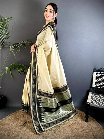 Cream Soft Silk Ikkat Kolam Pattu Saree