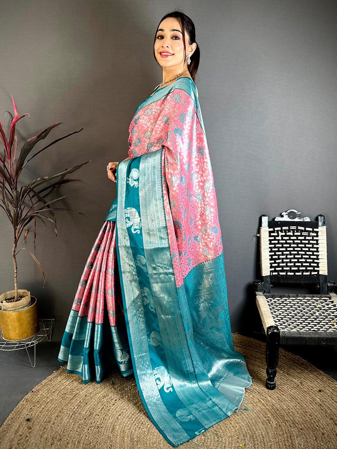 Pink Dharmavaram Double Ikkat Pattu Saree