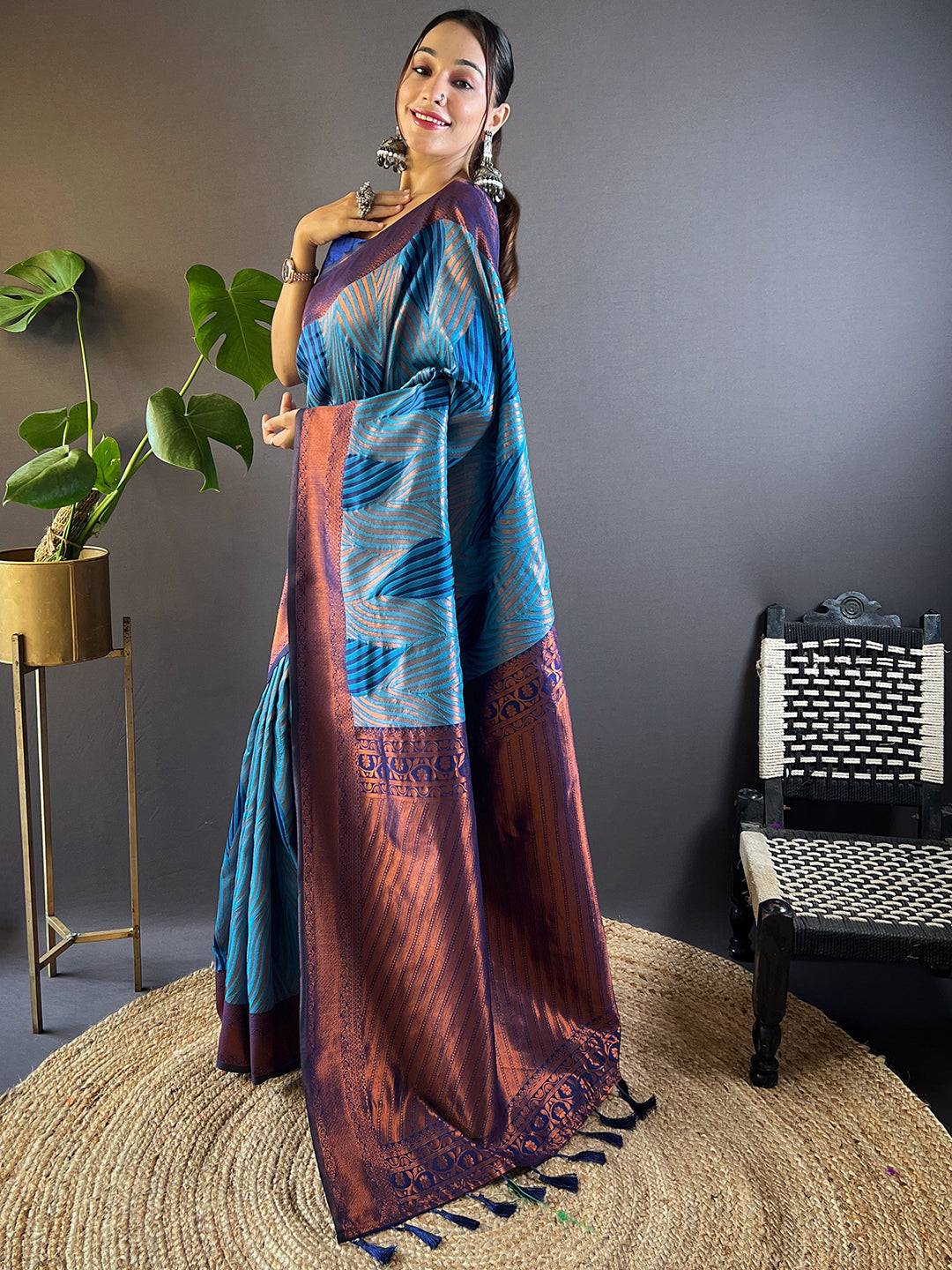 Royal Blue Tussar Silk Zari Weaving Ikkat Pattu Saree