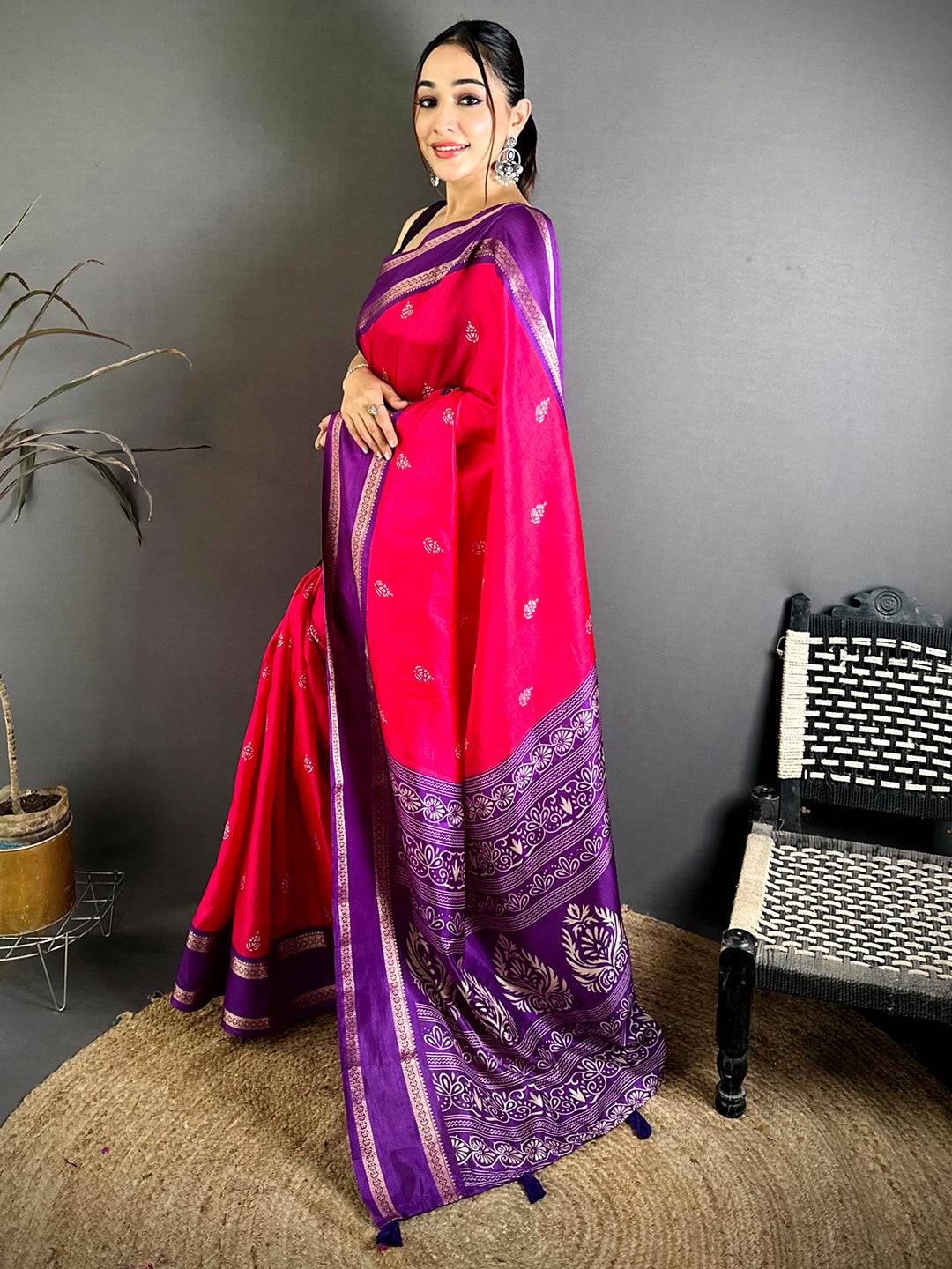 Rani Pink Soft Dola Block Print Pallu Pattu Saree