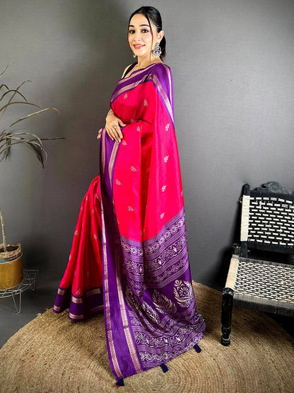 Rani Pink Soft Dola Block Print Pallu Pattu Saree