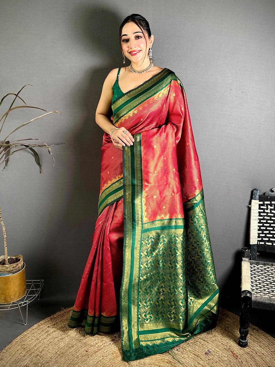 Red Banarasi Katan Silk Gadwal Zari Pattu Saree