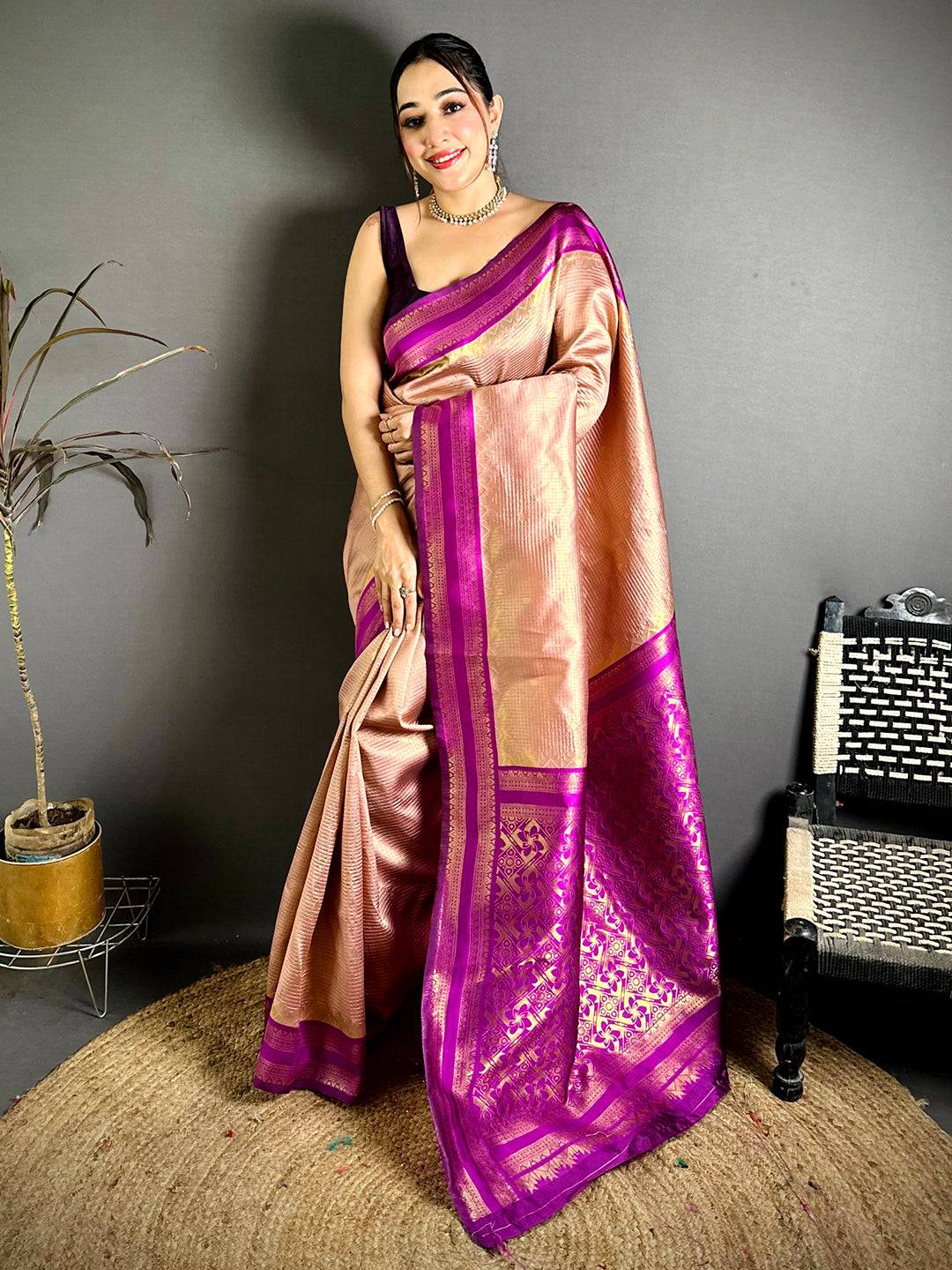 Peach Banarasi Katan Silk Gadwal Zari Pattu Saree