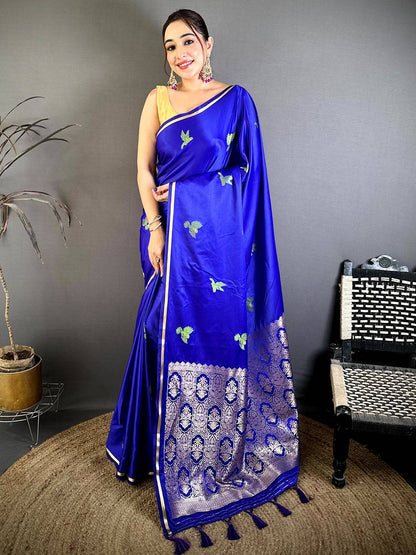 Soft Cherry Satin Minakari Bird Zari Pattu Saree