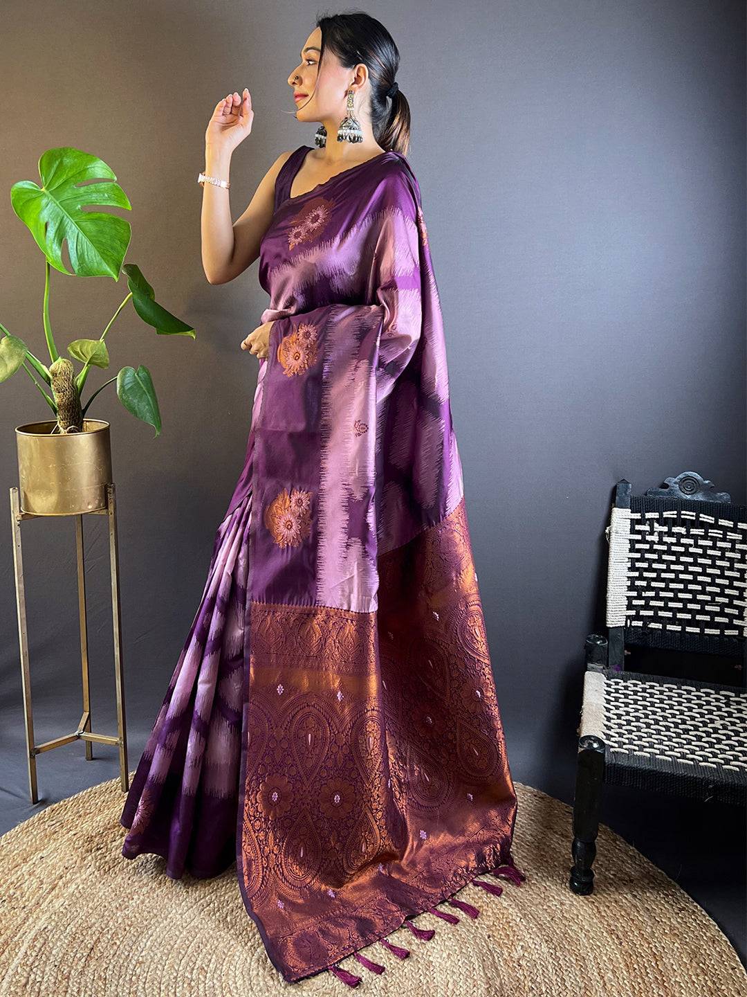 Lavender Tussar Silk Ikkat Weaving Pattu Saree