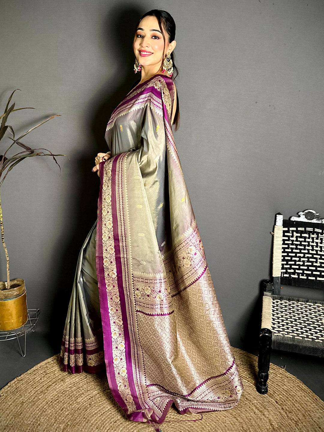 Gold Zari Woven Grey Soft Silk Pattu Saree
