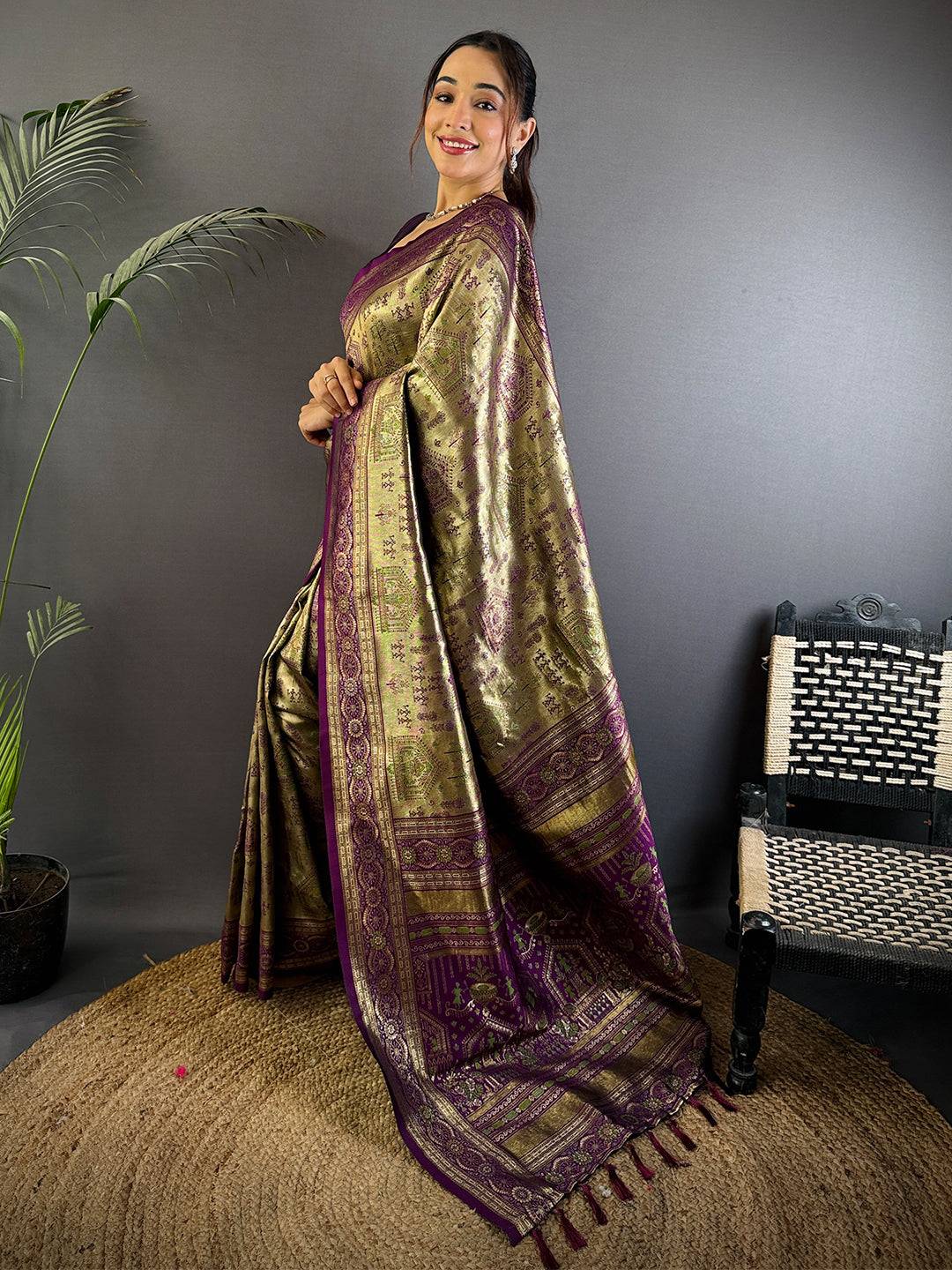 Artistry Warli Gold Zari Dharamavaram Silk Pattu Saree