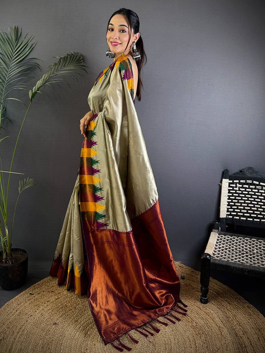 Pista Copper Radiance Katan Silk Pattu Saree
