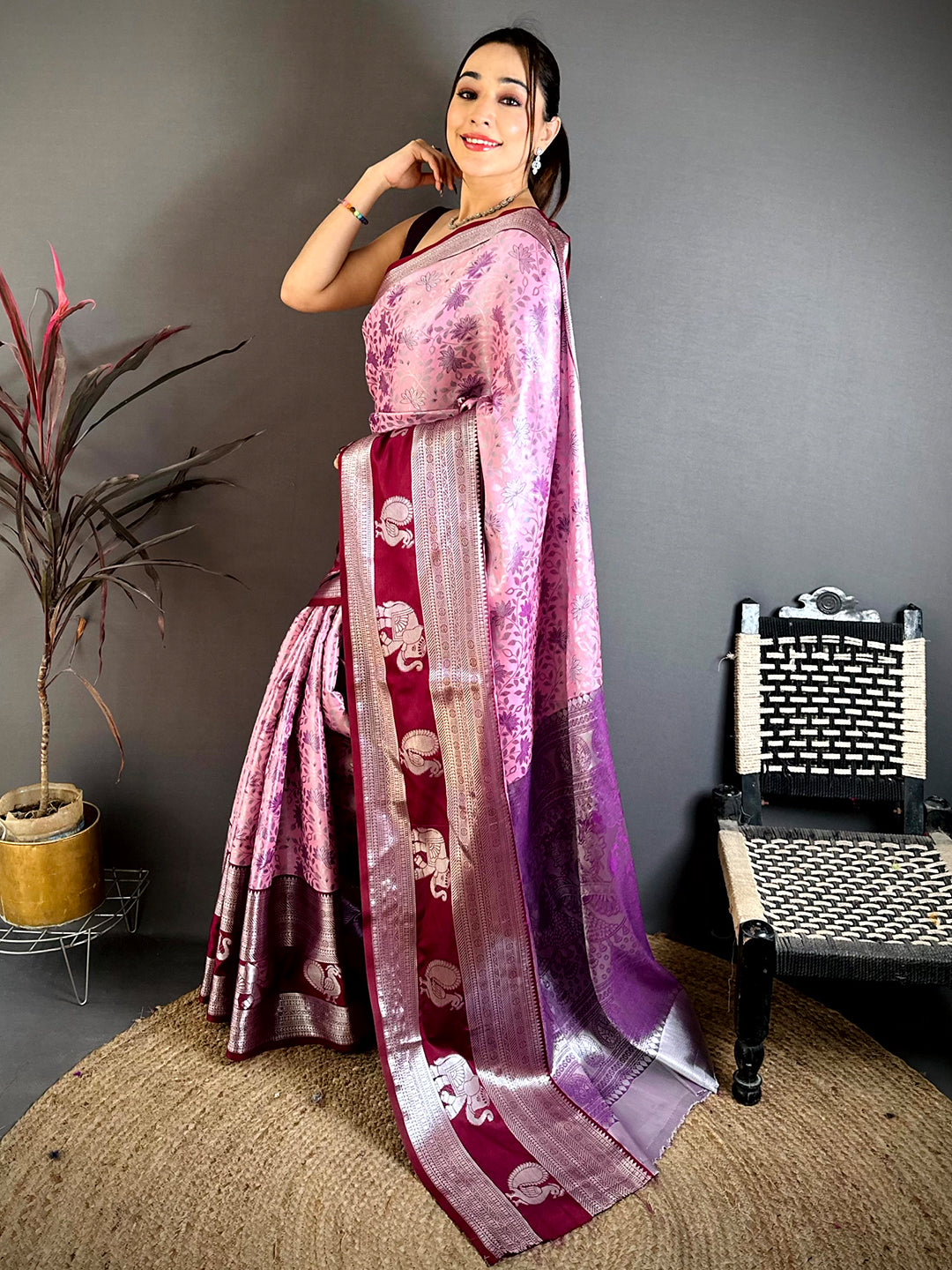 Baby Pink Dharmavaram Double Ikkat Pattu Saree