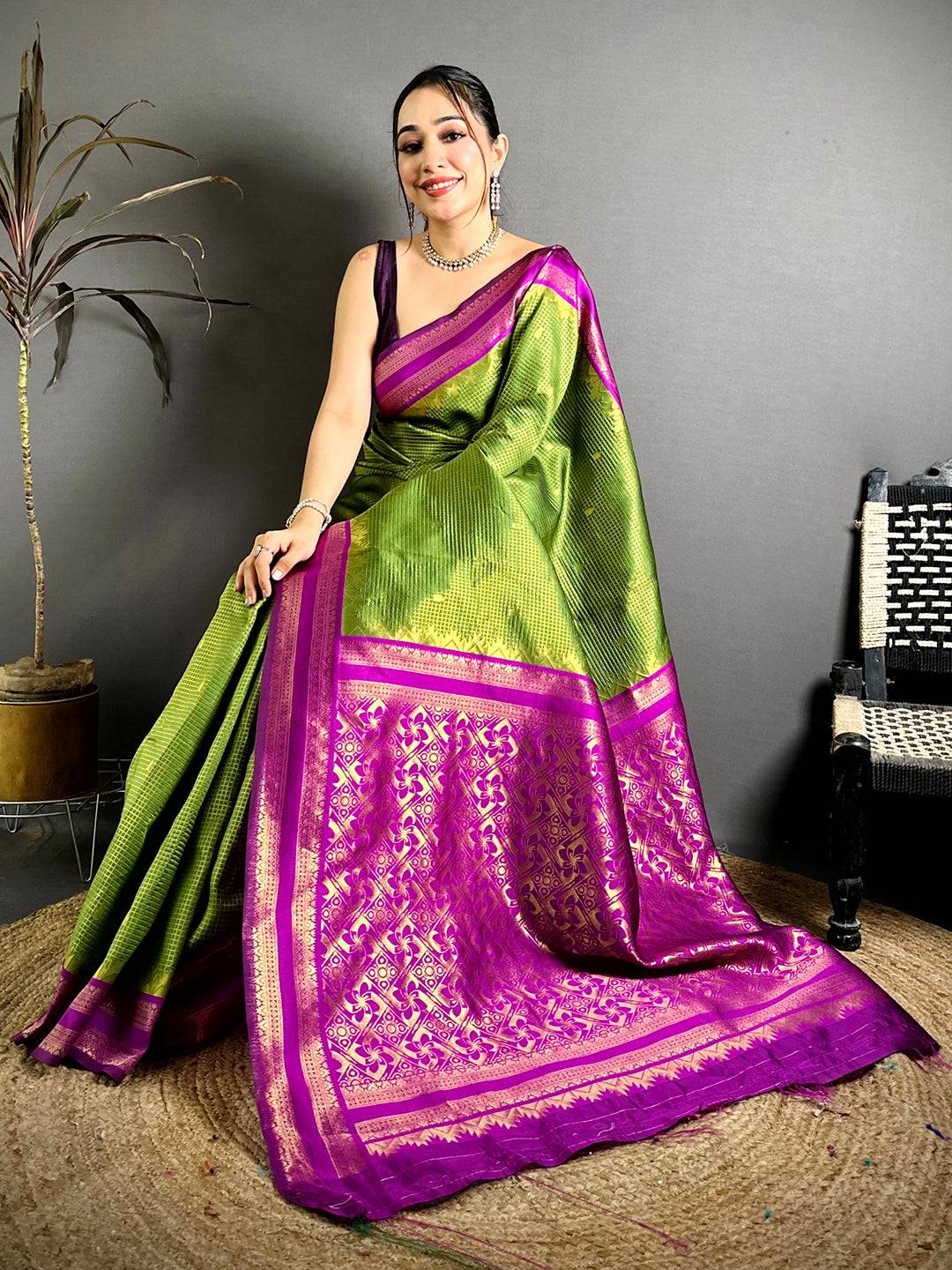 Lime Green Banarasi Katan Silk Gadwal Zari Pattu Saree