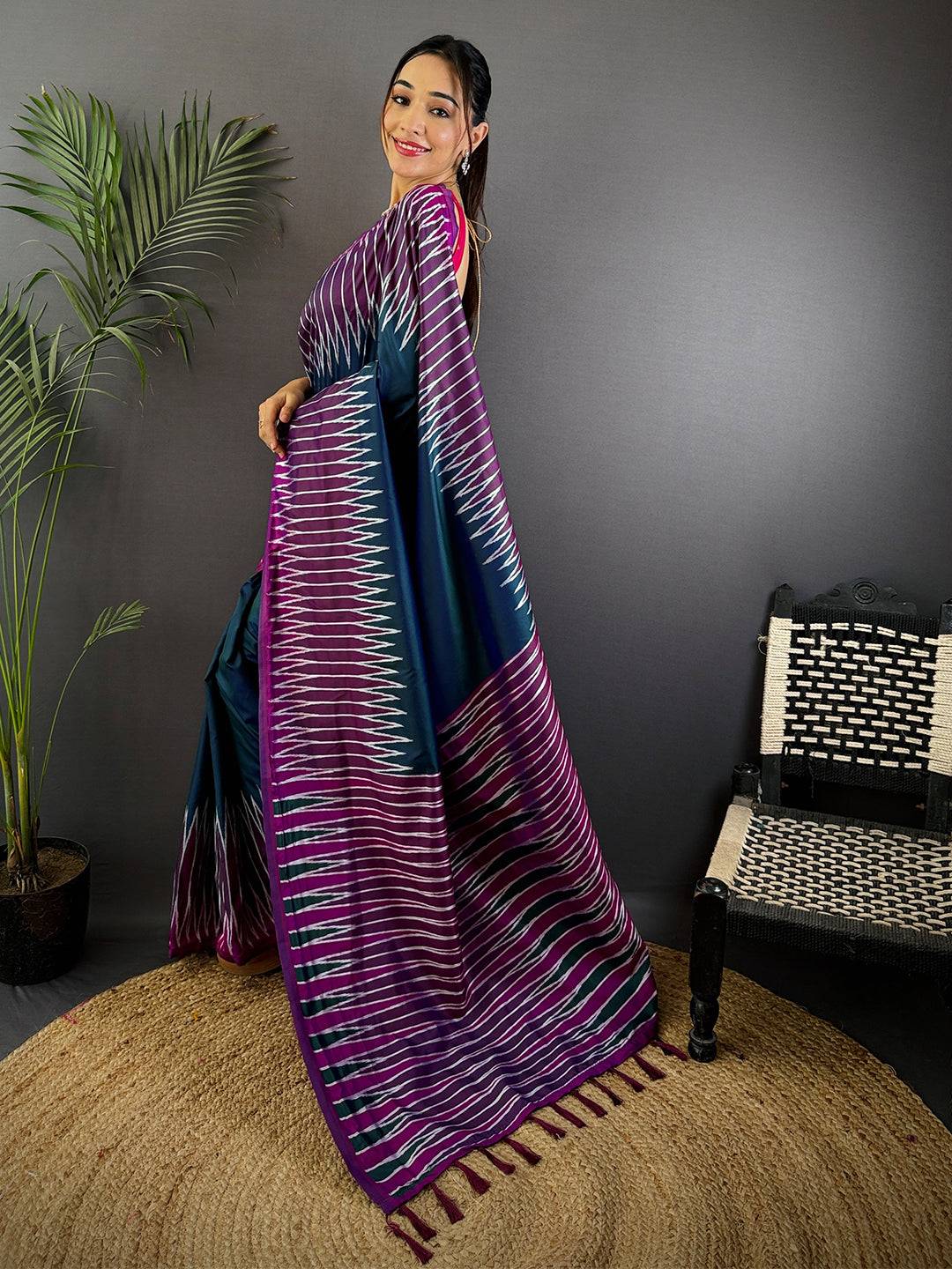 Blue Soft Silk Ikkat Zari Weaving Pattu Saree
