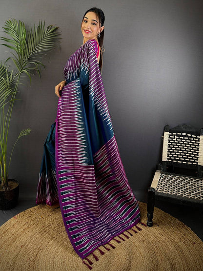 Blue Soft Silk Ikkat Zari Weaving Pattu Saree