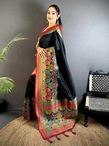 Black Kashmiri Art Soft Silk Pattu Saree