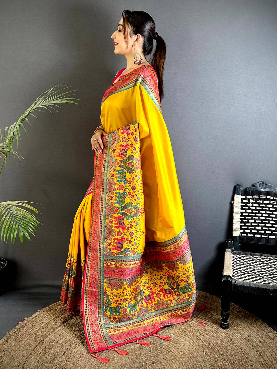 Yellow Kashmiri Art Soft Silk Pattu Saree