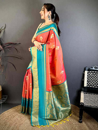 Coral Soft Silk Kanchi Gadwal Pattu Saree
