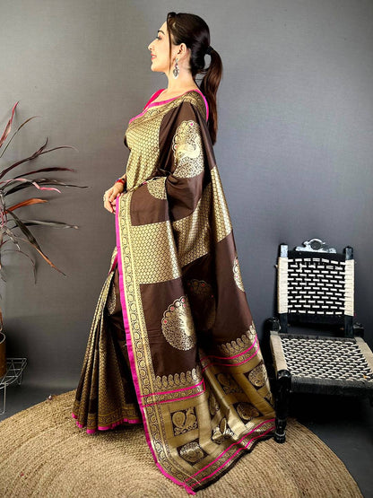 Royal Brown Katan Silk Zari Weave Pattu Saree