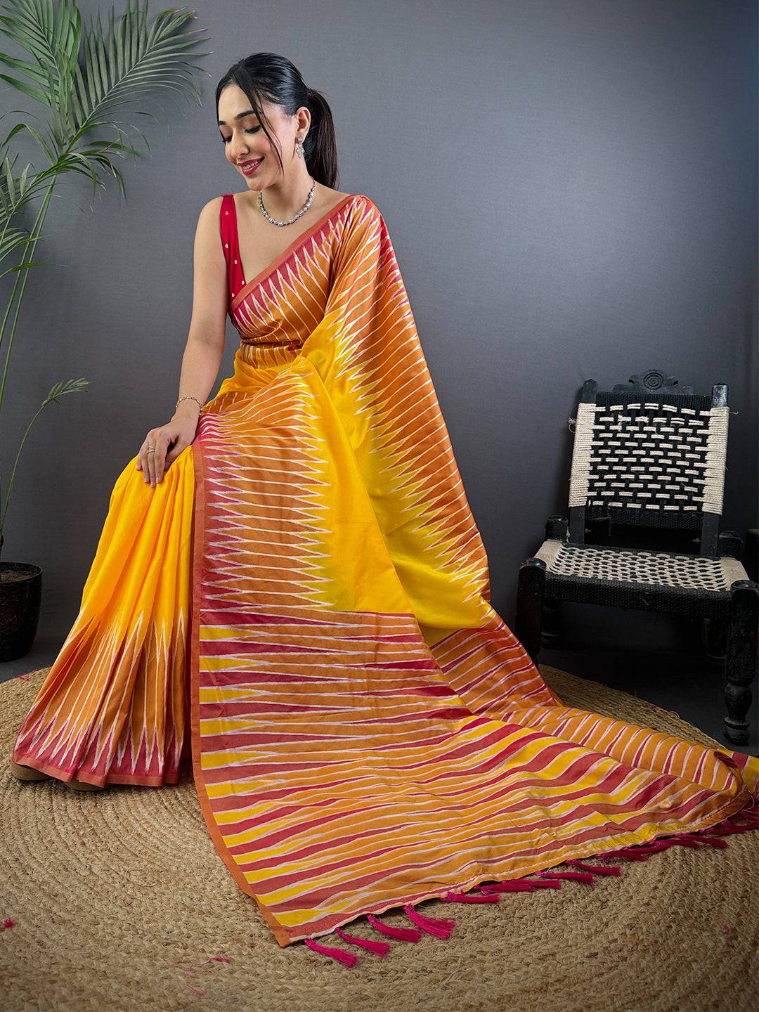Yellow Soft Silk Ikkat Zari Weaving  Pattu Saree