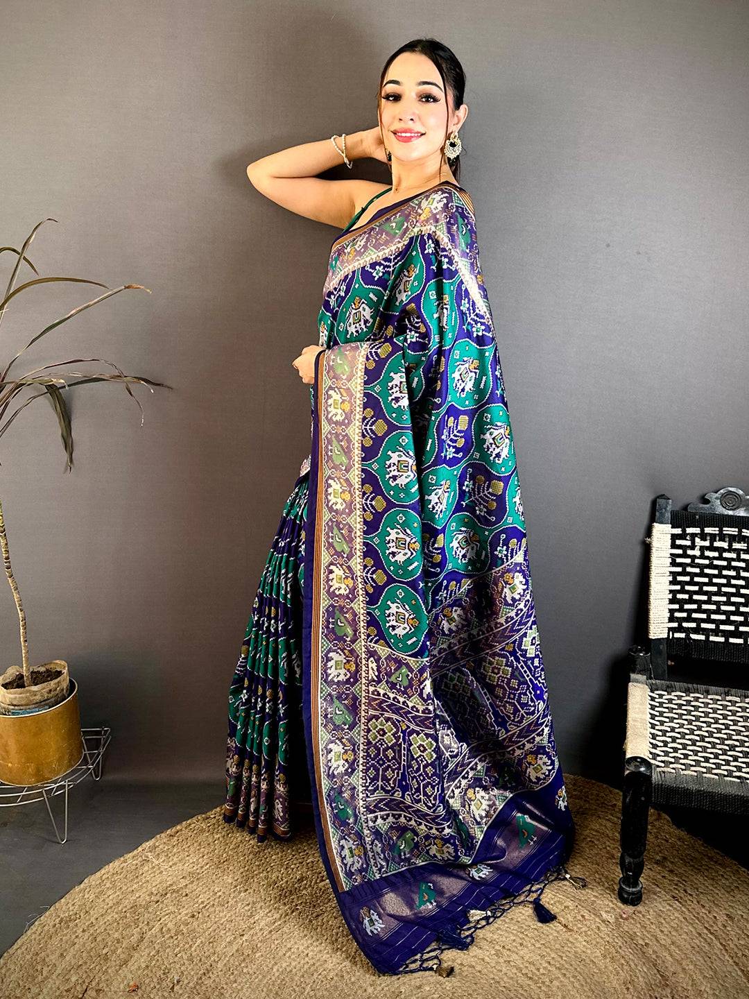 Teal Patola Weave Soft Semi Silk Pattu Saree