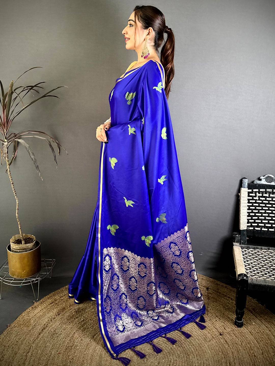 Soft Cherry Satin Minakari Bird Zari Pattu Saree
