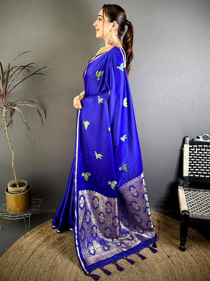 Soft Cherry Satin Minakari Bird Zari Pattu Saree