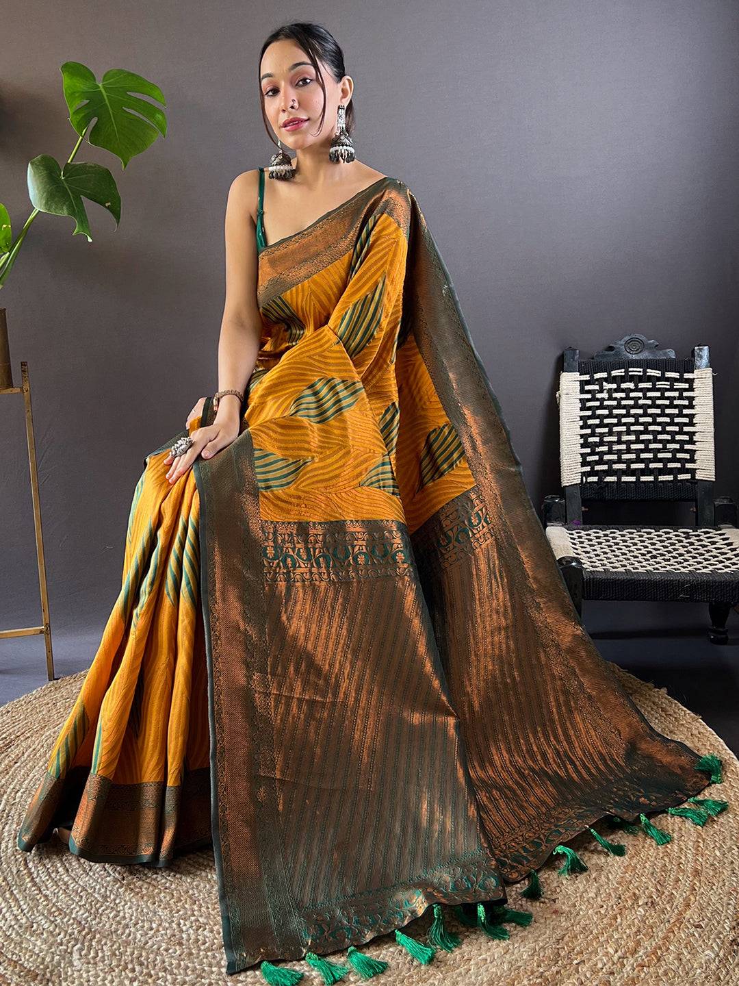 Mustard Tussar Silk Zari Weaving Ikkat Pattu Saree
