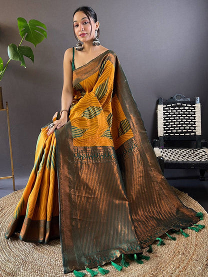 Mustard Tussar Silk Zari Weaving Ikkat Pattu Saree