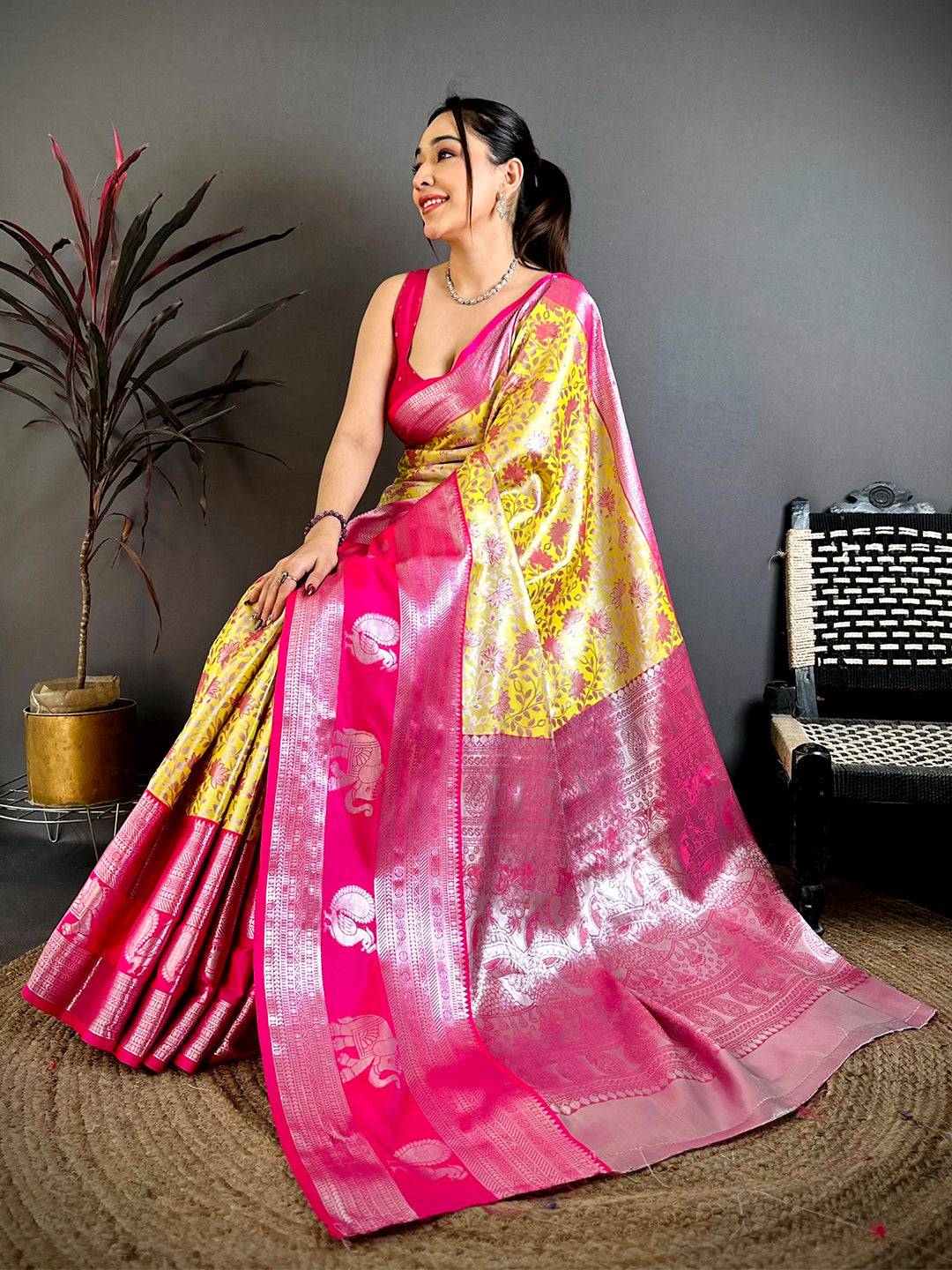 Mustard Dharmavaram Double Ikkat Pattu Saree