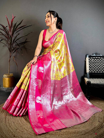 Mustard Dharmavaram Double Ikkat Pattu Saree