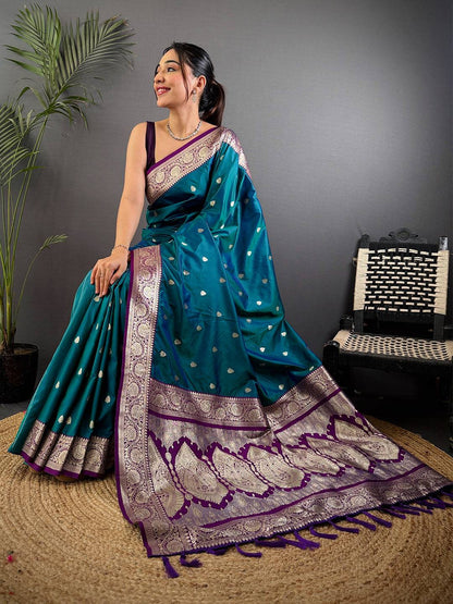 Teal Blue Soft Silk Feather Pattu Saree