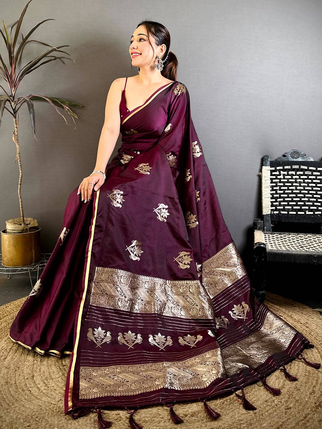 Wine Bird Weaving Mashru Satin Pattu Saree