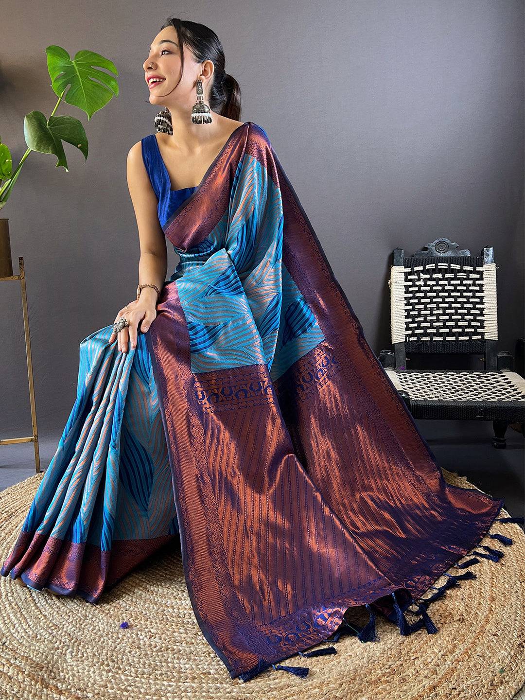 Royal Blue Tussar Silk Zari Weaving Ikkat Pattu Saree