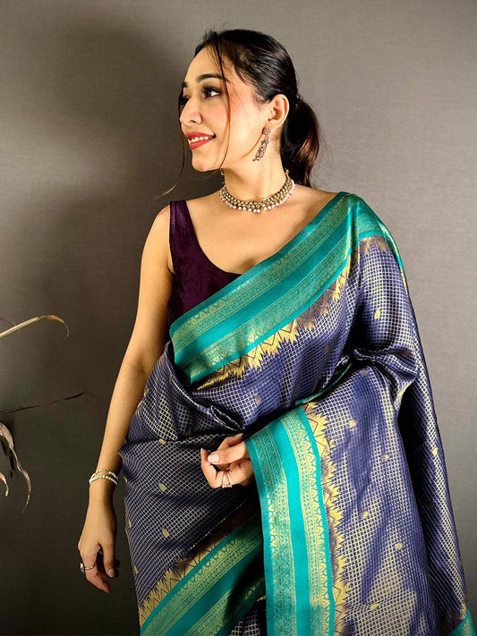 Navy Banarasi Katan Silk Gadwal Zari Pattu Saree