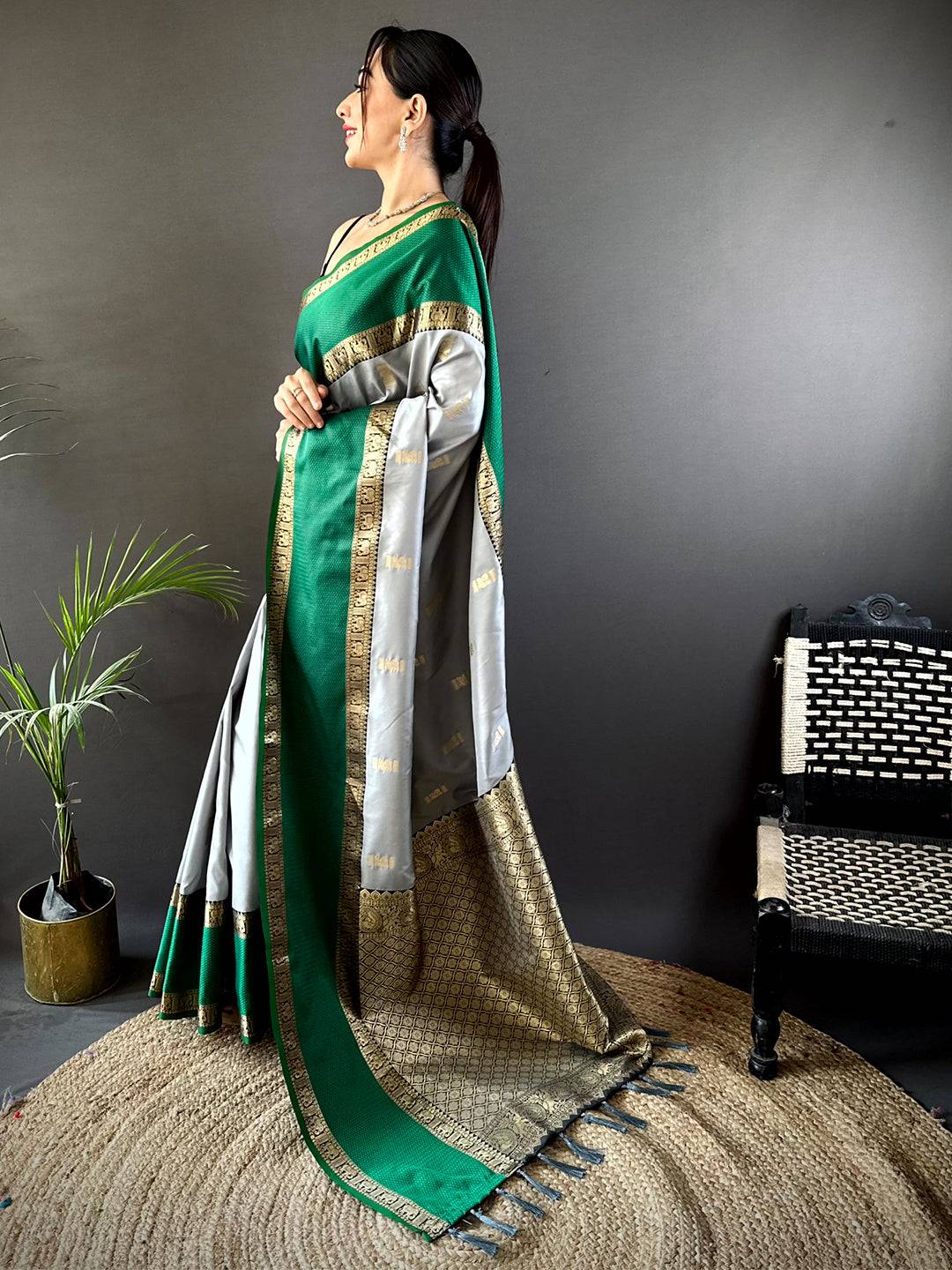 Serene Grey Gadhwal Soft Silk Pattu Saree