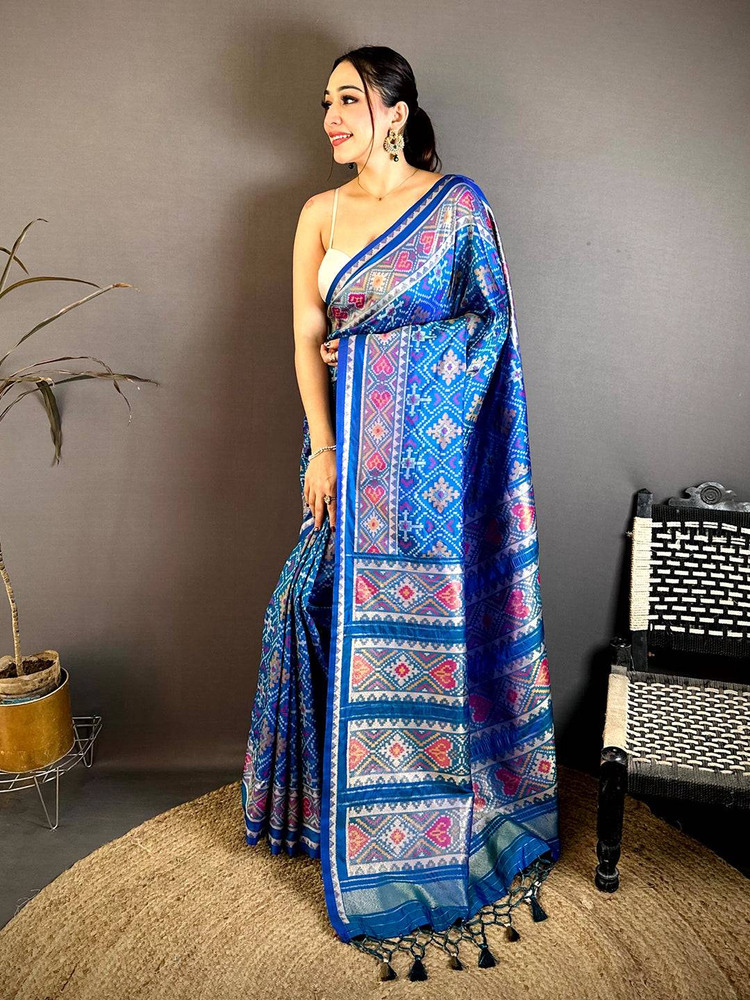 Blue Patola Weaving Semi Silk Pattu Saree