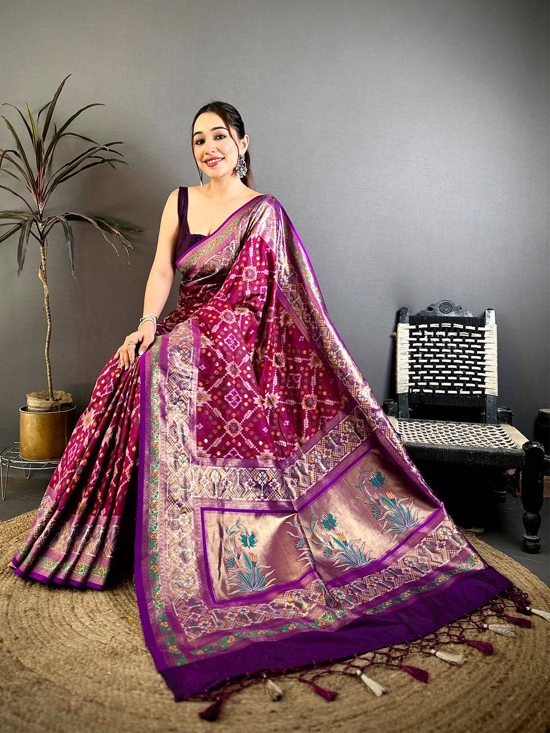 Wine Soft Semi Silk Double Ikkat Patola Pattu Saree