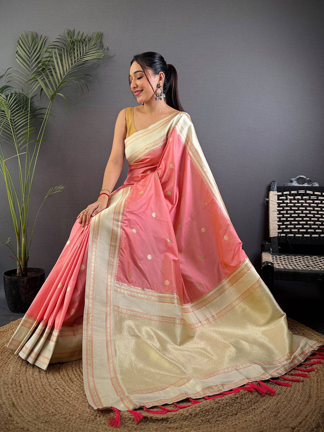 Radiant Peach Soft Silk Floral Butta Pattu Saree
