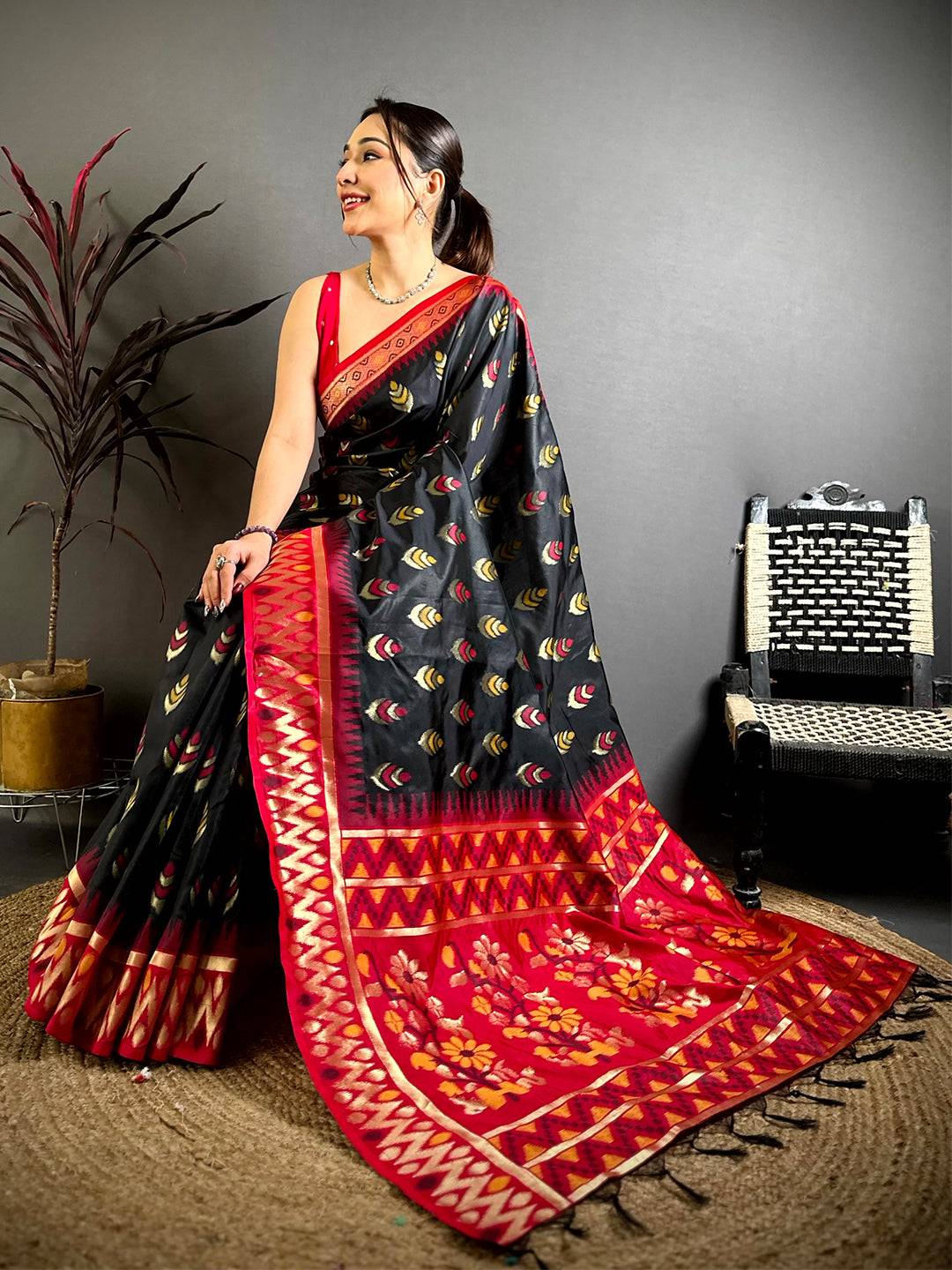 Black Ikkat Minakari Soft Silk Pattu Saree